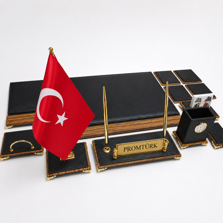Ahşap Ayaklı Siyah Deri İsimlikli Premium Sümen ve Makam Takımı